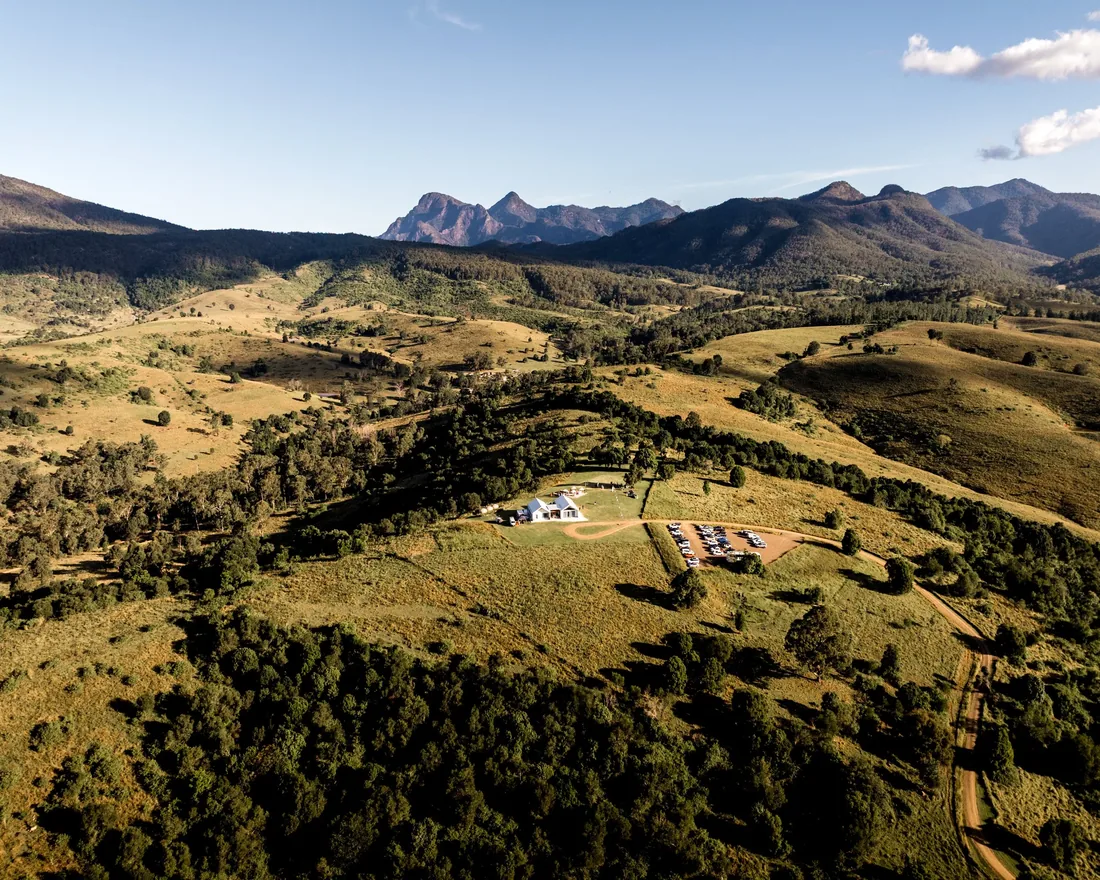 Aerial view of Maroon Hill Estate nestled among the Scenic Rim mountains
