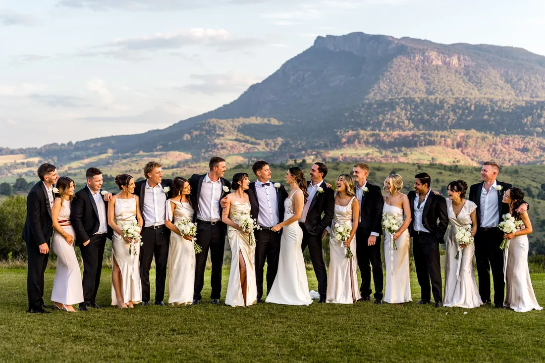 Full bridal party group photo on the lawn with a mountain backdrop