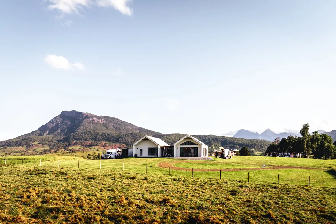 Aerial view of the reception venue and surrounding hills at Maroon Hill Estate
