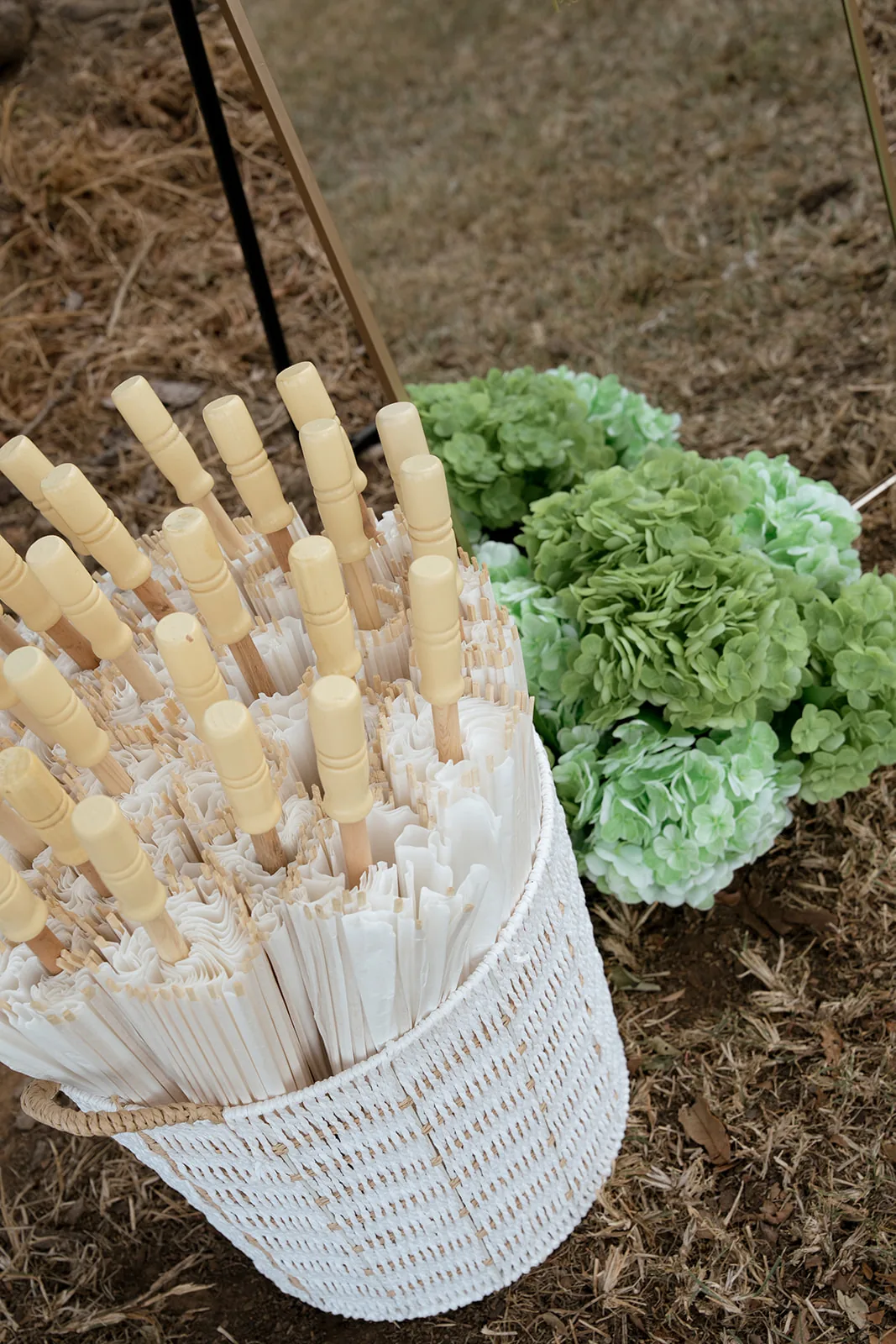 Parasols and green hydrangea styled in a basket for guest favours