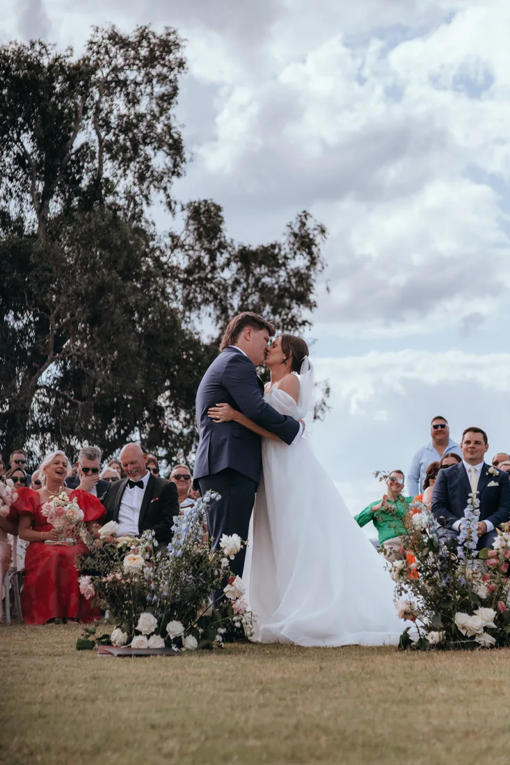 Jorjia and James sharing their first kiss as married couple at Maroon Hill Estate