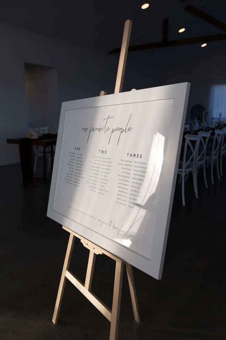 'Our Favourite People' seating chart displayed on an easel in the reception room