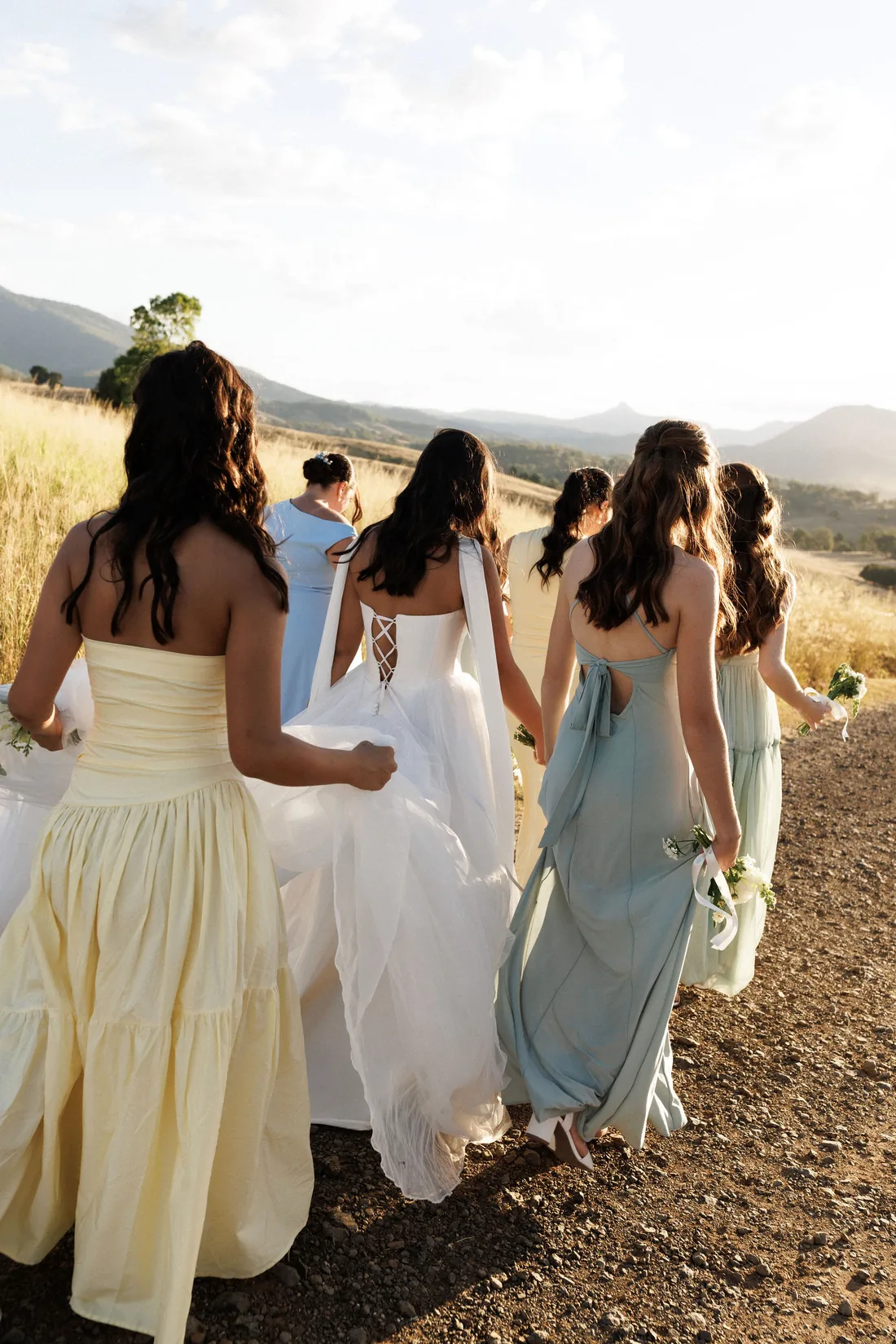 Bridesmaids and the bride walking away in pastel gowns, mountains in the distance