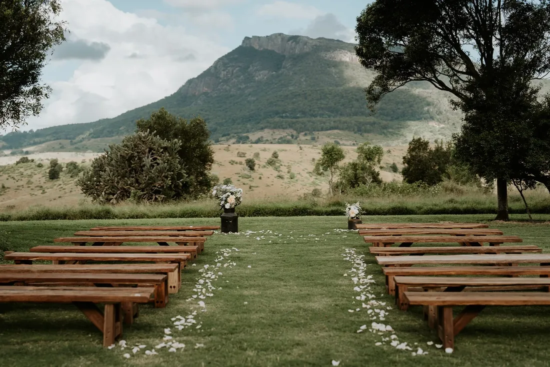 Empty ceremony seating facing Mount Maroon at Maroon Hill Estate